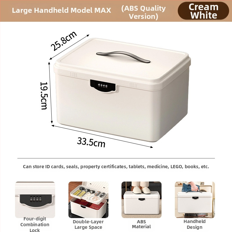 Zárható tároló doboz értékekhez és fontos dokumentumokhoz — asztali rendező ABS műanyagból, nordic stílus, hajlított fedél, por- és nedvességálló, hordozható