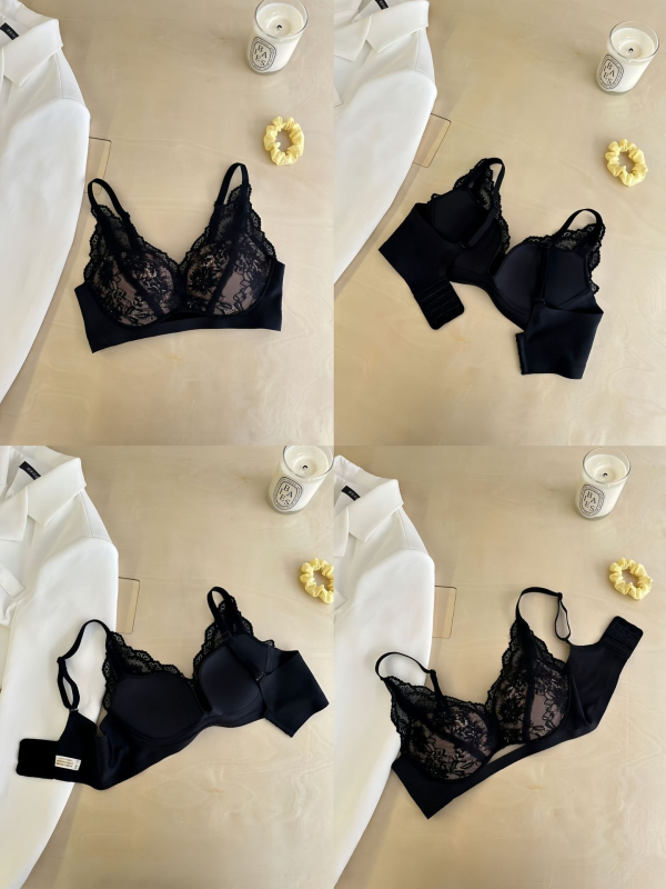 Δαντελένιο σουτιέν χωρίς ενίσχυση, 3/4 κάλυμμα, πίσω κούμπωμα τεσσάρων σειρών, σταθεροί ιμάντες, δαντελένια λεπτομέρεια