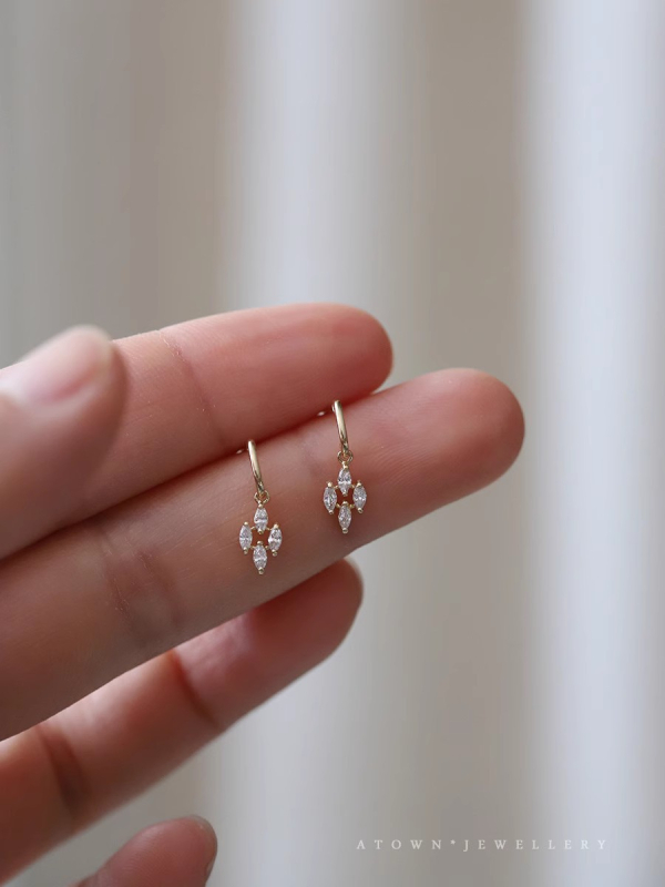 Naušnice — Geometrijski romb s četiri dijamanta, 14K pozlata na 925 srebru, retro japanski stil za žene
