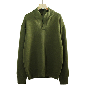 Muški vuneni pulover + poluotvoreni ovratnik + široki kroj + dugi rukavi + srednja duljina (86–90% vuna)