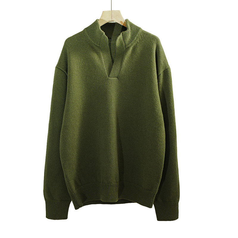 Muški vuneni pulover + poluotvoreni ovratnik + široki kroj + dugi rukavi + srednja duljina (86–90% vuna)