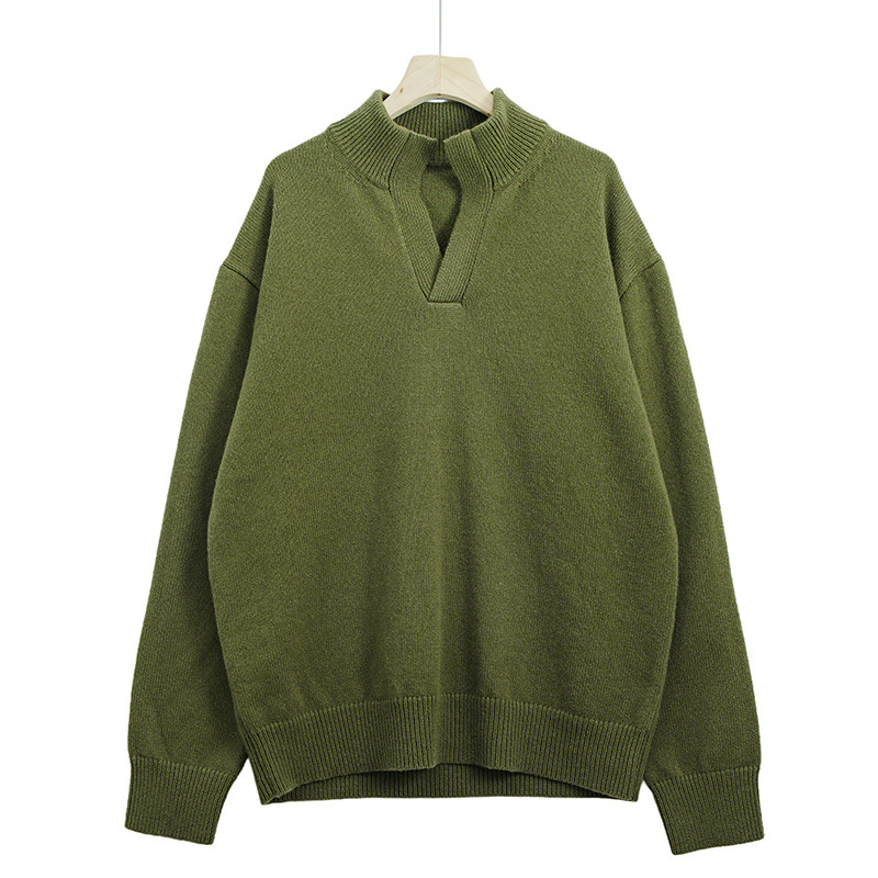 Muški vuneni pulover + poluotvoreni ovratnik + široki kroj + dugi rukavi + srednja duljina (86–90% vuna)