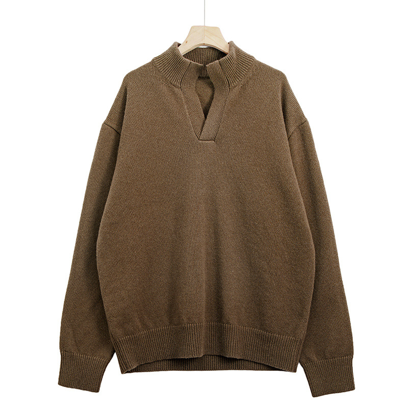 Muški vuneni pulover + poluotvoreni ovratnik + široki kroj + dugi rukavi + srednja duljina (86–90% vuna)