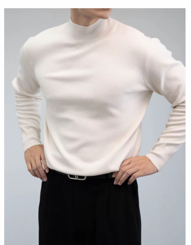 Мъжки вълнен пуловер с полувисока яка, жакардов дизайн, фина вълна, дълги ръкави, стандартна дължина