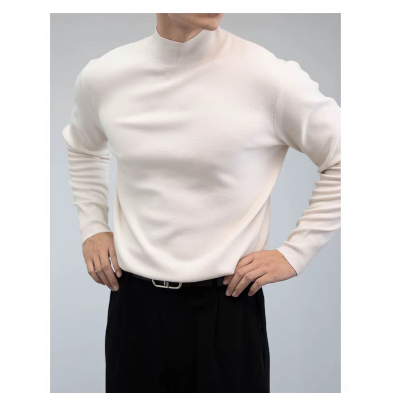 Мъжки вълнен пуловер с полувисока яка, жакардов дизайн, фина вълна, дълги ръкави, стандартна дължина