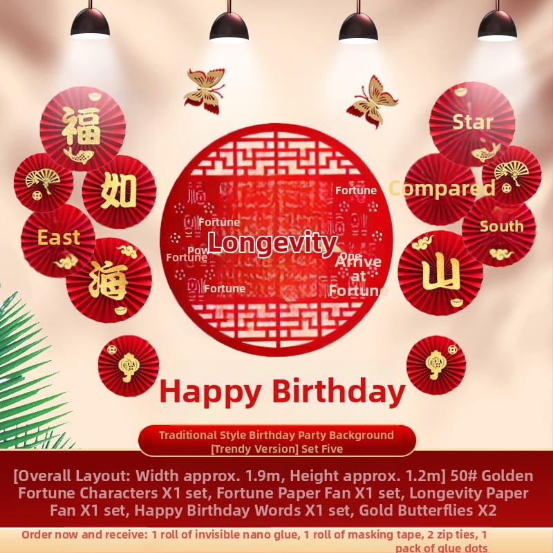 Rekviziti za uređenje prostora za rođendansku proslavu starijih osoba | pozadina za scenu, zastavice dugovječnosti, naljepnice dugovječnosti, rekviziti za zabavu (pozadina zida; zastavice; naljepnice)