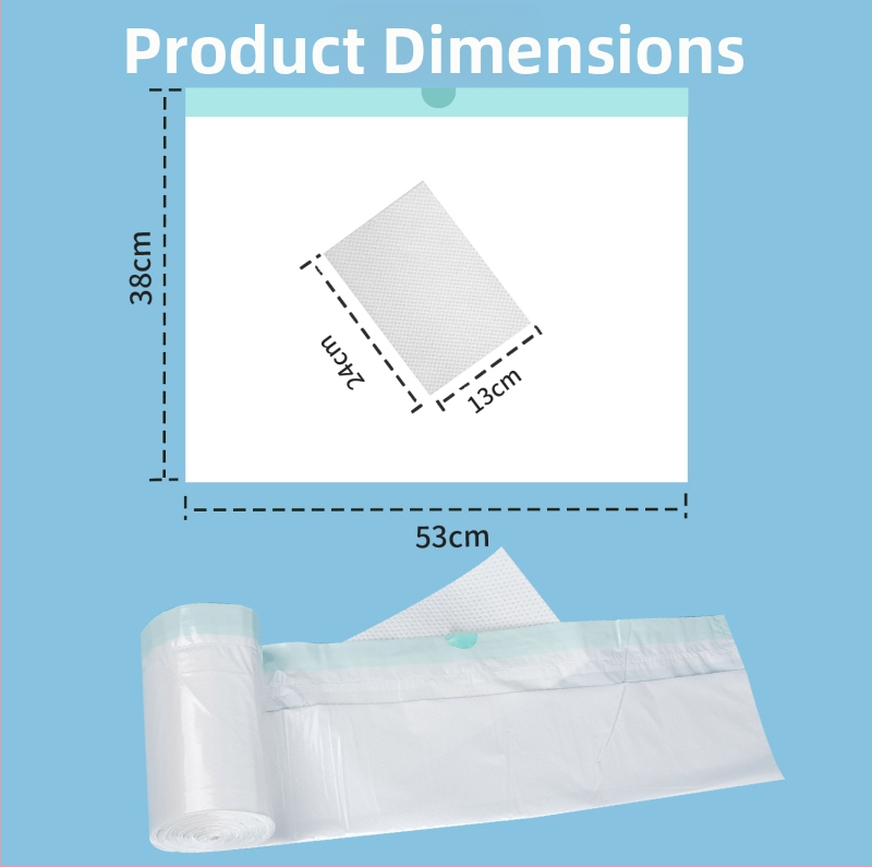 Núdzový záchod s absorpčnou podložkou, prenosná vonkajšia toaleta, PE materiál, zaväzovacia šnúrka, veľká absorpčná kapacita; taška 53×38 cm, podložka 24×13 cm (1200 ml)