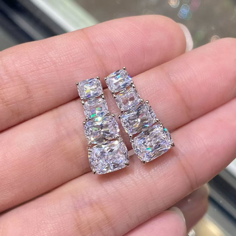 S925 srebrne naušnice s stražnjim vješanjem, geometrijski oblik jastuka, prirodni cirkon