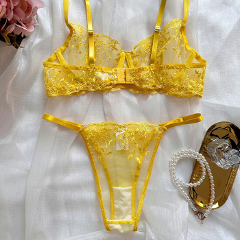 Set grudnjaka s mrežastom izvezom i prozirnim dizajnom, poliester materijal, pamuk podstava, 3/4 šalica, ultratanke oblikovane čašice