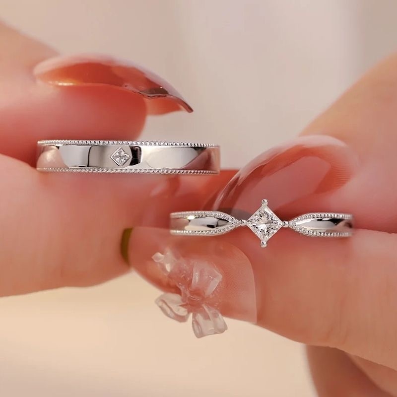 Párgyűrű geometriás dizájnnal, réz anyag, moissanit gyémánt-beállítás