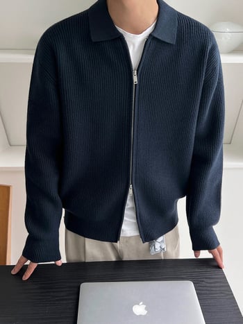 Плетен кардиган с лацкан, свободен силует, дълги ръкави, корейски стил, модалова смесена тъкан (Modal 28%, полиестер 28%, акрил 27%, полиеамид)