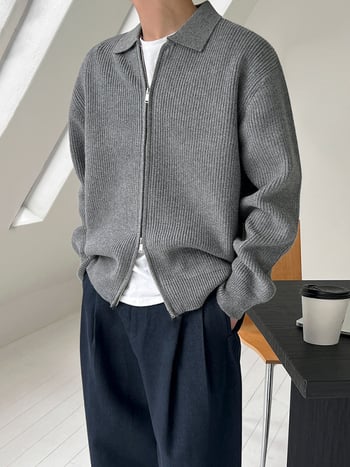 Плетен кардиган с лацкан, свободен силует, дълги ръкави, корейски стил, модалова смесена тъкан (Modal 28%, полиестер 28%, акрил 27%, полиеамид)