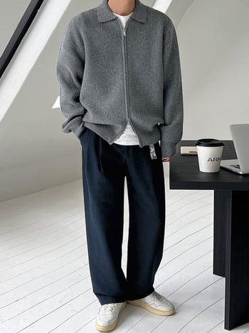 Плетен кардиган с лацкан, свободен силует, дълги ръкави, корейски стил, модалова смесена тъкан (Modal 28%, полиестер 28%, акрил 27%, полиеамид)