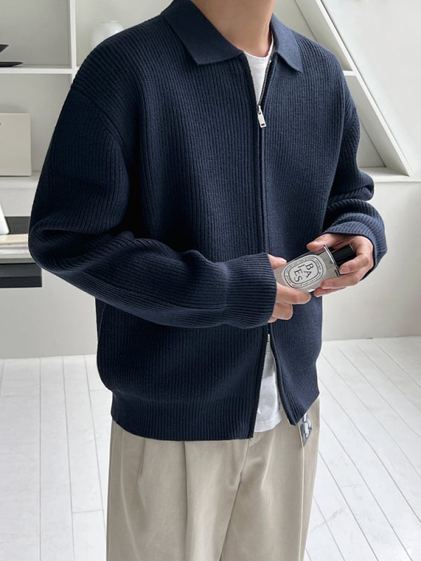 Плетен кардиган с лацкан, свободен силует, дълги ръкави, корейски стил, модалова смесена тъкан (Modal 28%, полиестер 28%, акрил 27%, полиеамид)