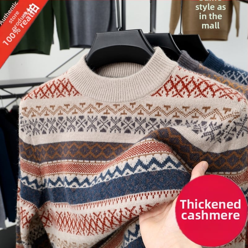 Prugasti džemper s nacionalnim stilom; debeła vunena smjesa (36–40% vuna) i poliester; okrugli izrez; dugi rukavi; prilagođen kroj