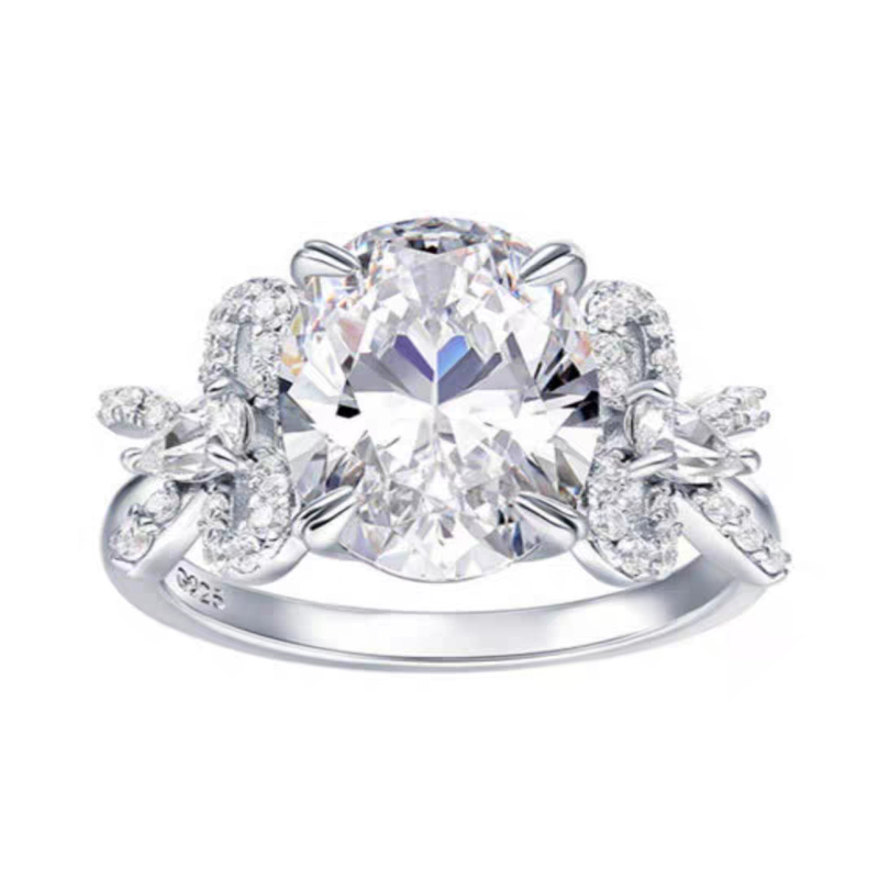 S925 ezüst gyűrű, 5 karátos moissanit, tojás alakú ovális, elektroplatált felület, divatos luxus