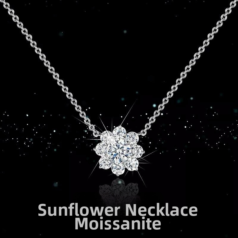 Napraforgó medálos nyaklánc 925‑ös ezüstből, Moissanite beépítés, kereszt‑virág mintájú lánc, 3 g, friss és édes stílus