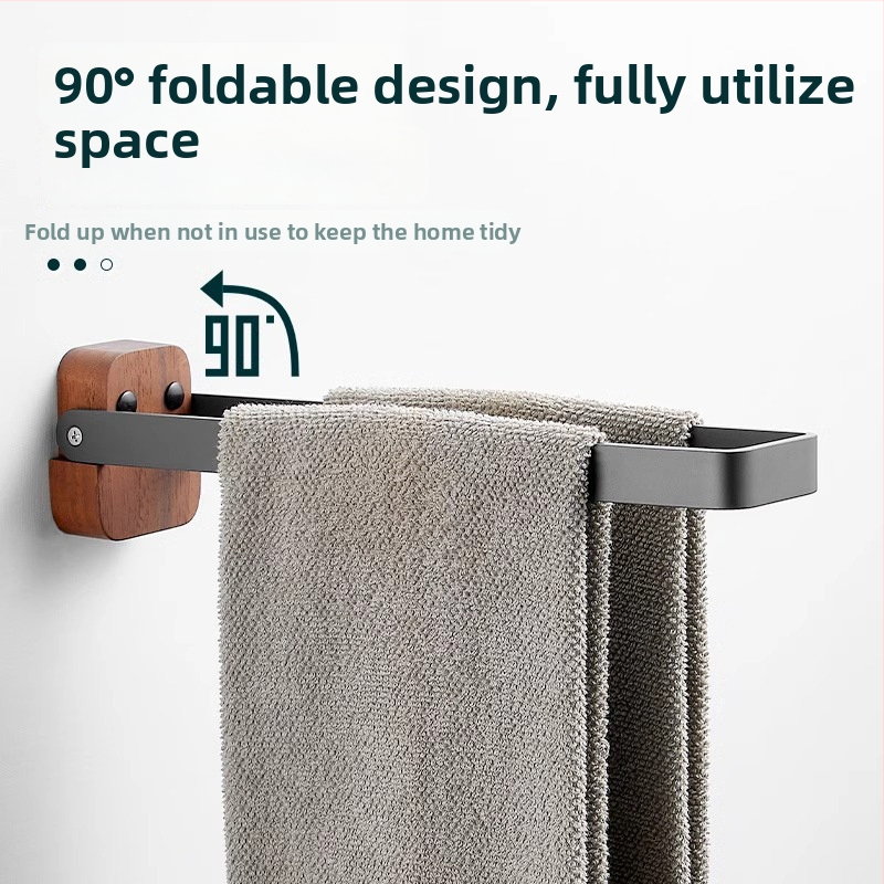 Sklopivi držač ručnika od orahovog drveta i aluminija, 1-etažni, bez bušenja, nosivost 10 kg, moderan minimalistički stil