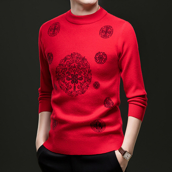 Muški džemper s okruglim izrezom, uski kroj, dugi rukavi, 30–35% vuna, motiv blagoslova zodijaka, zima 2025