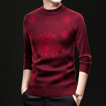 Muški džemper s okruglim izrezom, uski kroj, dugi rukavi, 30–35% vuna, motiv blagoslova zodijaka, zima 2025