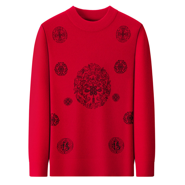 Muški džemper s okruglim izrezom, uski kroj, dugi rukavi, 30–35% vuna, motiv blagoslova zodijaka, zima 2025