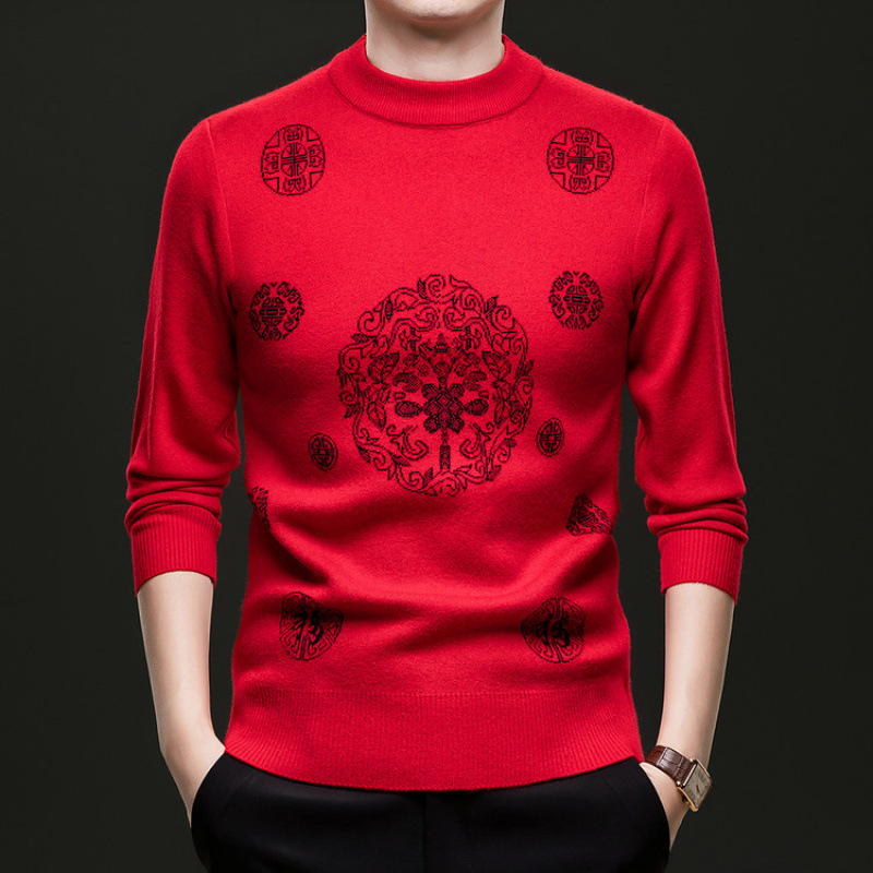 Muški džemper s okruglim izrezom, uski kroj, dugi rukavi, 30–35% vuna, motiv blagoslova zodijaka, zima 2025