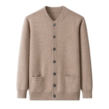 Muški debeli vuneni kardigan, okrugli izrez, dugi rukavi, ležerni kroj, bez glačanja, vuna 96–99%, obična duljina, zima