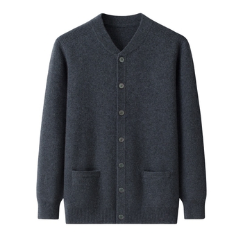 Muški debeli vuneni kardigan, okrugli izrez, dugi rukavi, ležerni kroj, bez glačanja, vuna 96–99%, obična duljina, zima