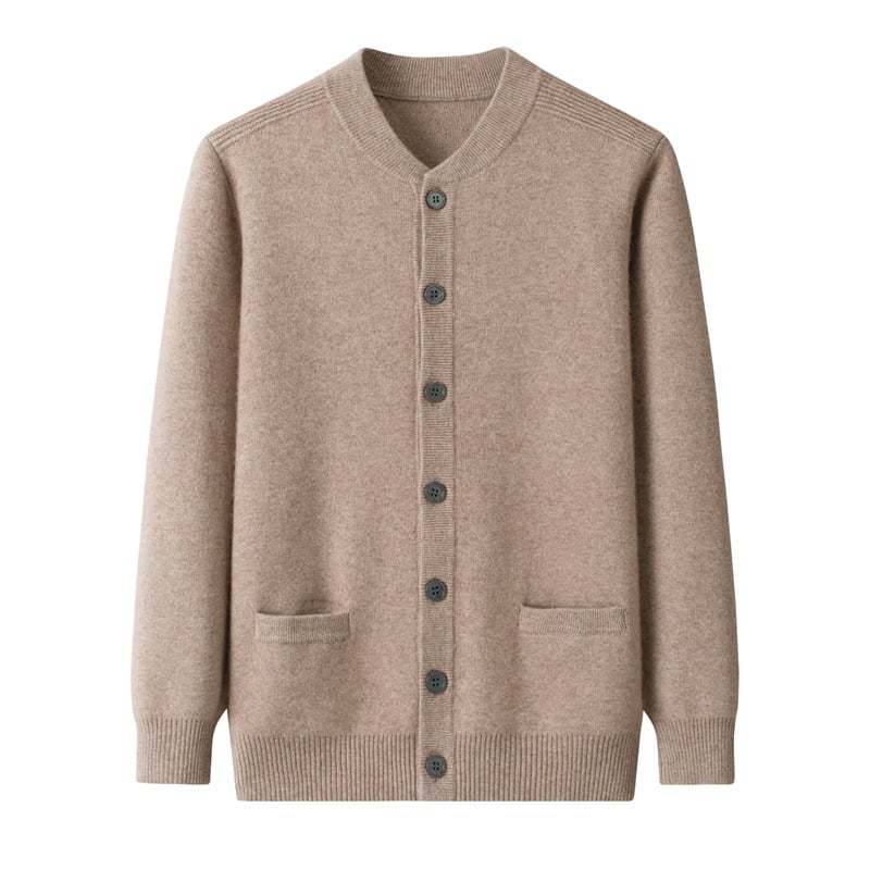 Muški debeli vuneni kardigan, okrugli izrez, dugi rukavi, ležerni kroj, bez glačanja, vuna 96–99%, obična duljina, zima