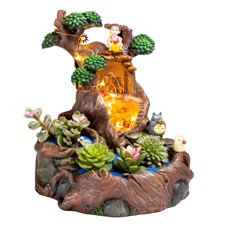 Posuda od smole za sukulente s LED osvjetljenjem – mikropejzaž u pastoralnom stilu s kućicom na drvetu