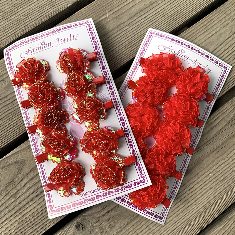 Hajcsat kacsaorrú klippel, textil virág dizájn, kézzel készített, nemzeti stílus