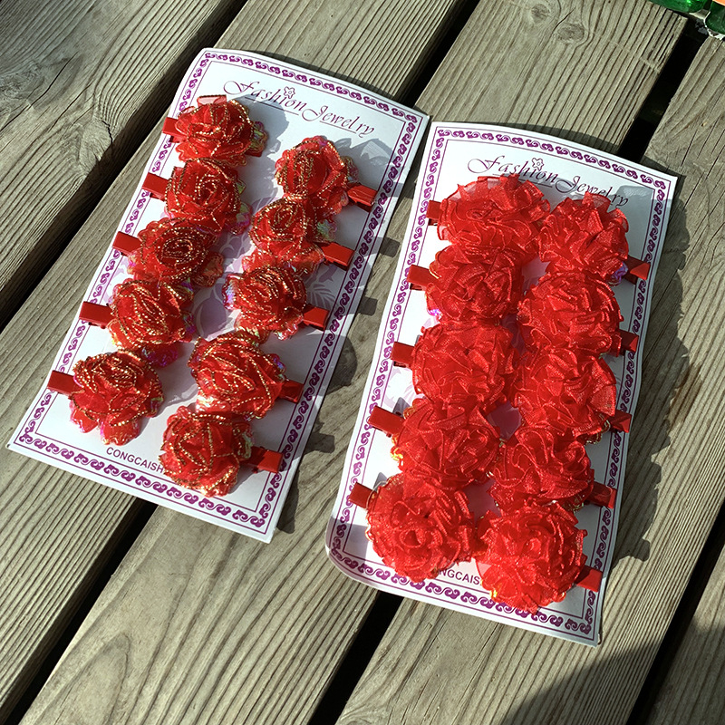 Hajcsat kacsaorrú klippel, textil virág dizájn, kézzel készített, nemzeti stílus