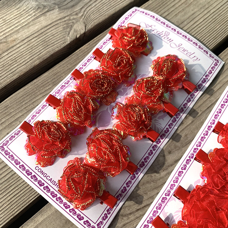 Hajcsat kacsaorrú klippel, textil virág dizájn, kézzel készített, nemzeti stílus