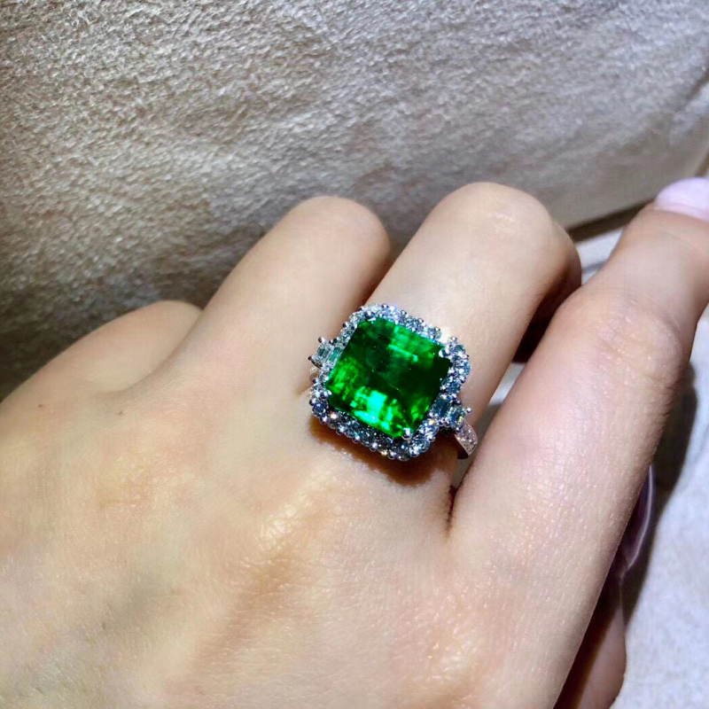 Inel Carlochis din cupru, deschidere pătrată, pietre emerald-turmalin, pavé zirconiu, stil geometric