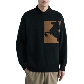 WOOG2005 Плетен пуловер със яка на риза, жакардова плетка, свободна кройка, дълги ръкави