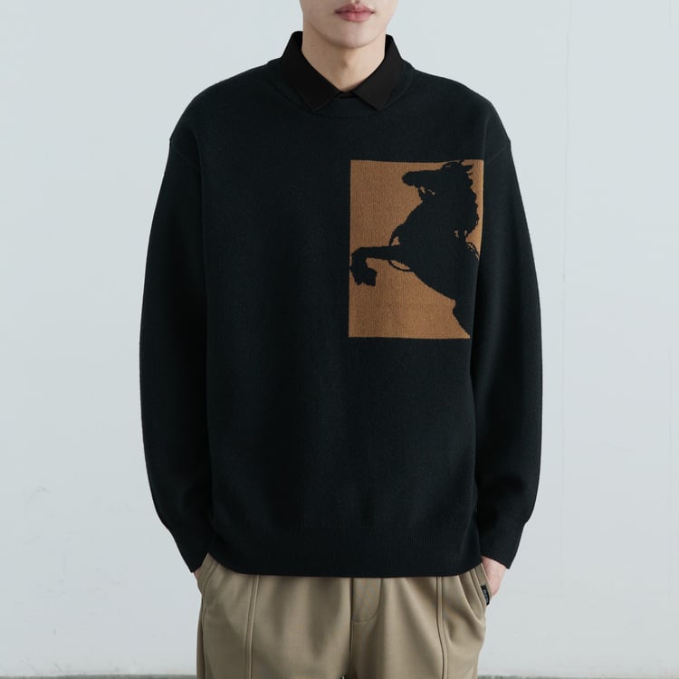 WOOG2005 Плетен пуловер със яка на риза, жакардова плетка, свободна кройка, дълги ръкави