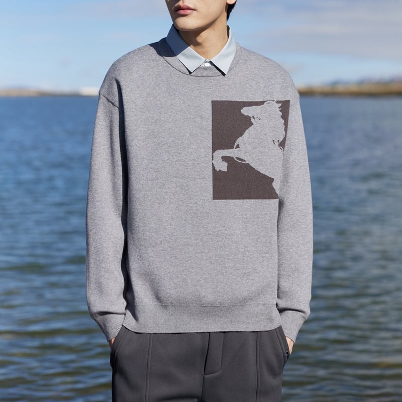 WOOG2005 Плетен пуловер със яка на риза, жакардова плетка, свободна кройка, дълги ръкави