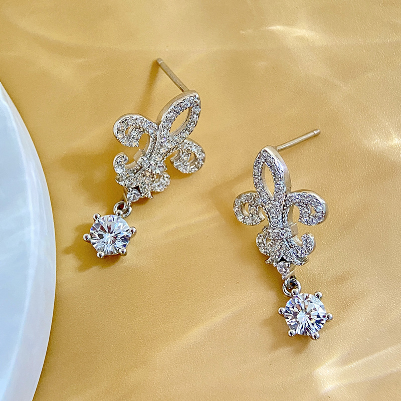 S925 srebro, Moissanit i cirkon, naušnice dizajn kruna iris cvijet, 0,50 ct, rez osam srca i osam strelica
