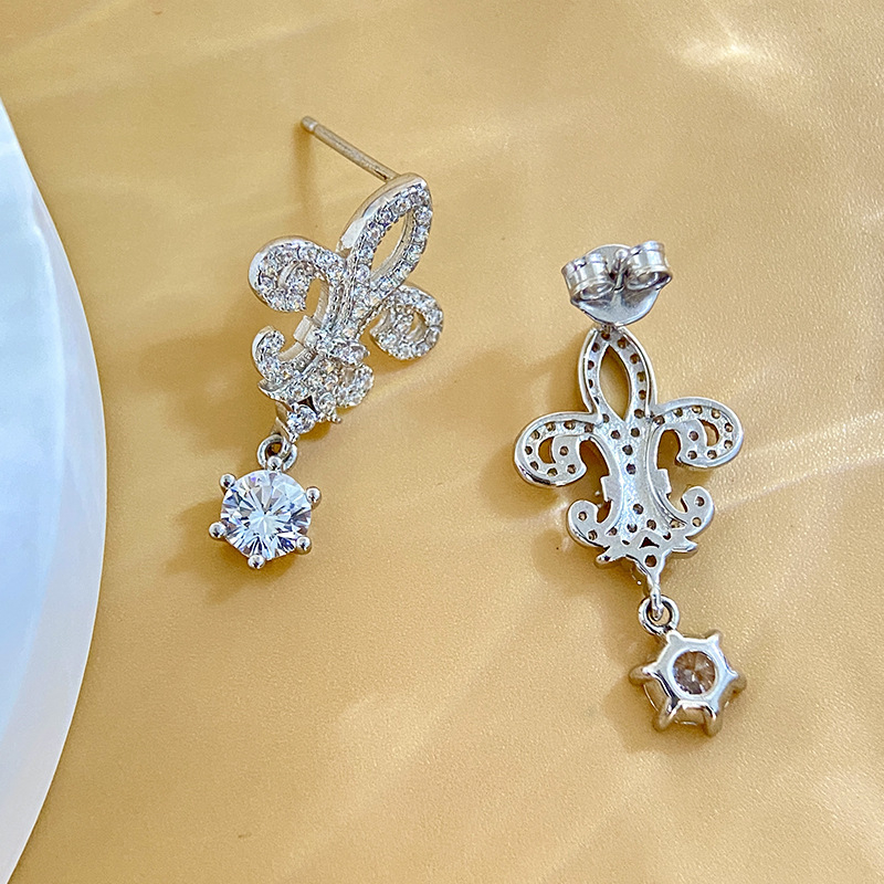 S925 srebro, Moissanit i cirkon, naušnice dizajn kruna iris cvijet, 0,50 ct, rez osam srca i osam strelica