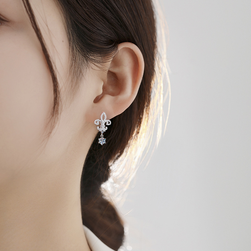 S925 srebro, Moissanit i cirkon, naušnice dizajn kruna iris cvijet, 0,50 ct, rez osam srca i osam strelica