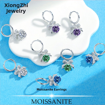 Moissanite naušnice od srebra S925 s Pt950 premazom, ukupno 1+1 karata, okruglog oblika, rez 8 srca 8 strelica, stil mašna