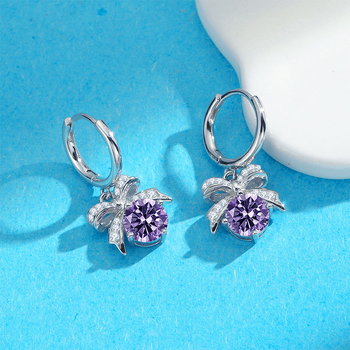 Moissanite naušnice od srebra S925 s Pt950 premazom, ukupno 1+1 karata, okruglog oblika, rez 8 srca 8 strelica, stil mašna