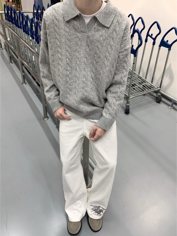 Плетен пуловер с свободна кройка, кръгла яка, дълги ръкави, полиестер, есен 2025