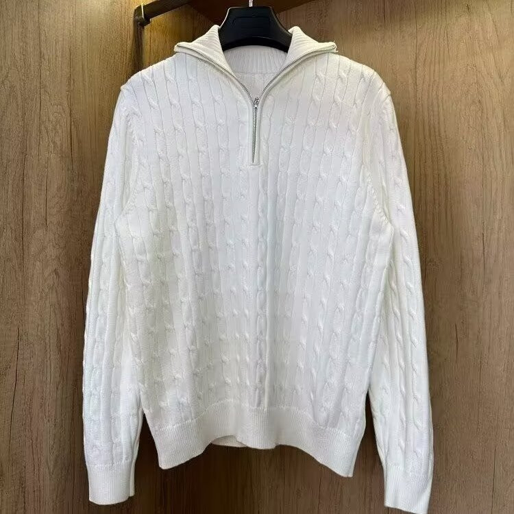 Fél-zip galléros kötött pulóver, hosszú ujjú, lazább szabás, poliészter rost keverék, gépi mosás