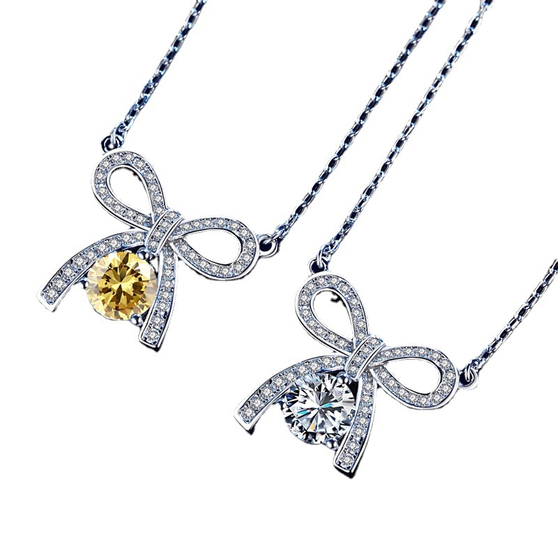 S925 ezüstből készült masni alakú kulcscsont-nyaklánc moissanit kövekkel nőknek