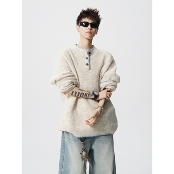 Kötött pulóver Henley gallérral, lazán szabott, hosszú ujjú, nejlon-keverék, 50% akril