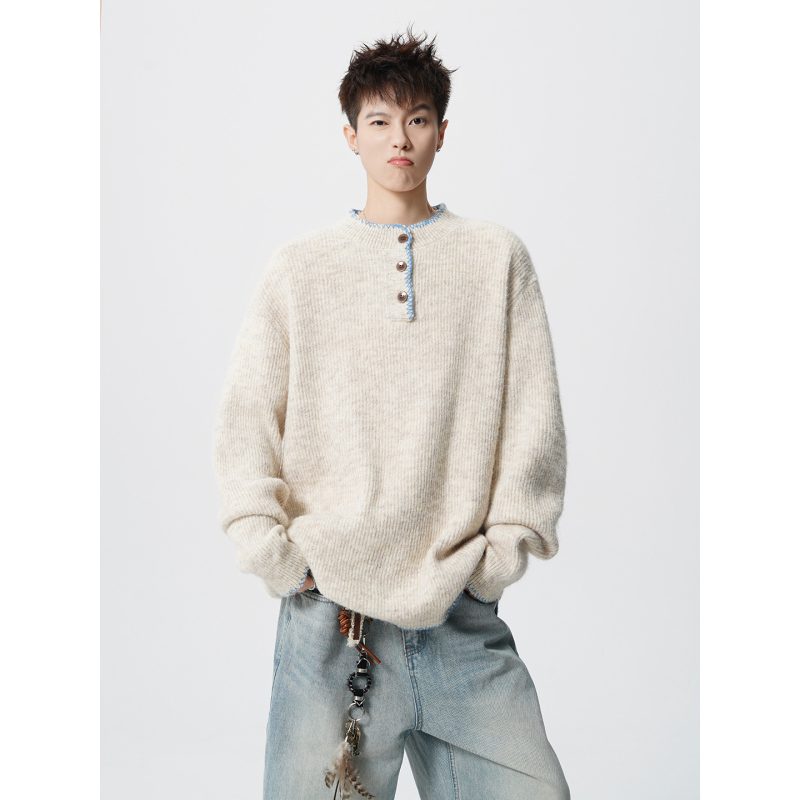 Kötött pulóver Henley gallérral, lazán szabott, hosszú ujjú, nejlon-keverék, 50% akril