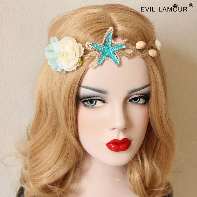 Természetes stílusú hajgumi tengericsillag, virág és kagyló motívummal – kenderzsinór, arany selyemcsipke FD-71