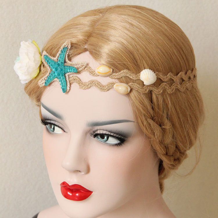 Természetes stílusú hajgumi tengericsillag, virág és kagyló motívummal – kenderzsinór, arany selyemcsipke FD-71