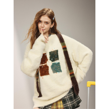 Пуловер с бродерия, chenille плетиво, мъжки slim-fit, с яка на риза